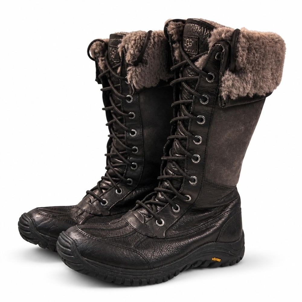 UGG Australia Adirondack Tall Winter Boots Black Leather Fur Lined Vibram  8